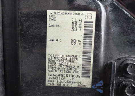 2011 Nissan Maxima 3.5 Sv from USA, damaged, VIN 1N4AA5AP4BC840638